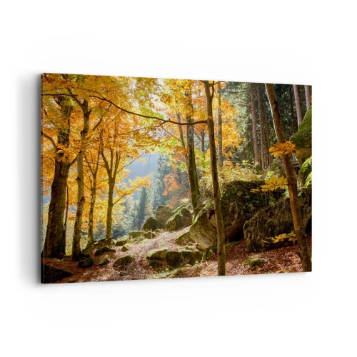 Impression sur toile - Image sur toile - Une forêt d'automne pleine de feuilles dorées et de soleil - 120x80cm - Il est temps de se détendre - Décoration murale moderne pour le salon et la chambre ARTTOR