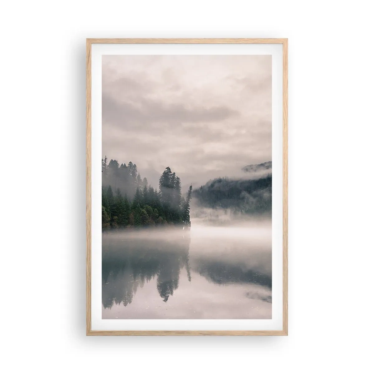Affiche dans un chêne clair - Poster - Reflet dans le brouillard - 61x91 cm