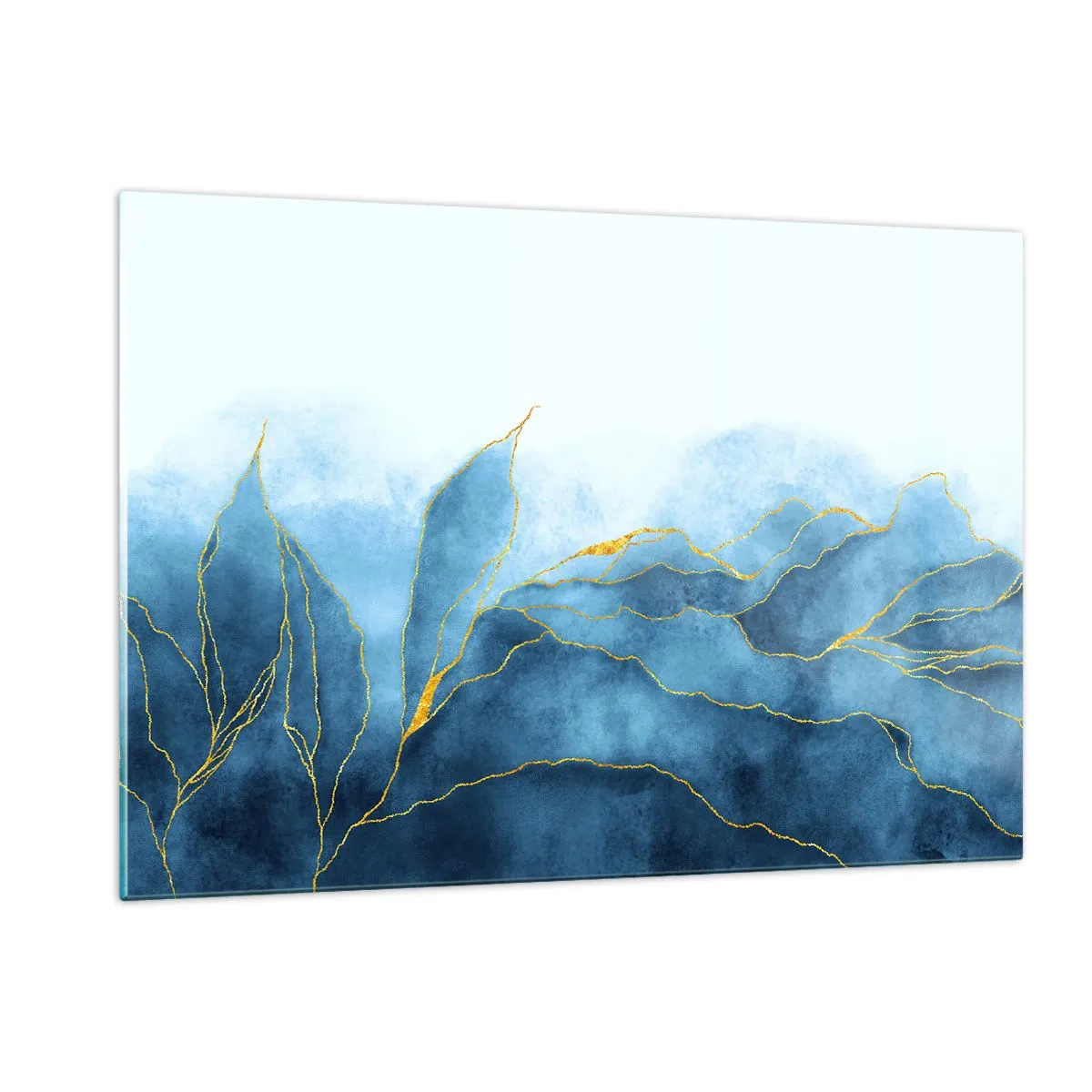 Impression sur verre - Image sur verre - Formes bleues abstraites avec de délicates lignes dorées. - 120x80cm - Bleu doré - Décoration murale moderne pour le salon et la chambre ARTTOR