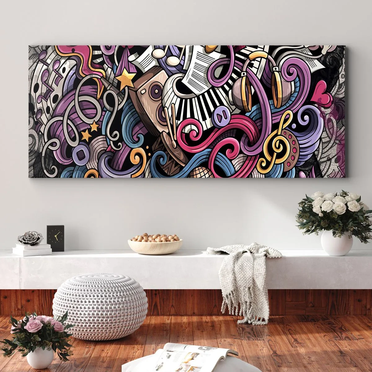 Impression sur toile - Image sur toile - Une abstraction musicale pleine d'instruments et de notes colorées. - 120x50cm - Mélodie compliquée - Décoration murale moderne pour le salon et la chambre ARTTOR