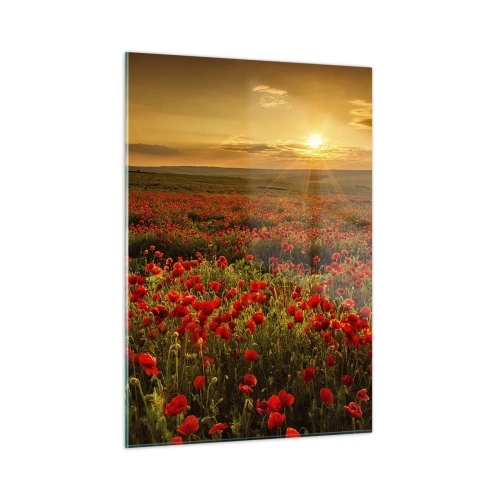 Impression sur verre - Image sur verre - Un champ de coquelicots illuminé par les rayons du soleil couchant - 50x70cm - Parmi les vagues des prairies bruissantes, parmi les fleurs du déluge - Décoration murale moderne pour le salon et la chambre ARTTOR