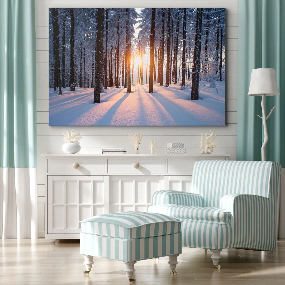 Impression sur toile - Image sur toile - Forêt d'hiver illuminée par les rayons du soleil - 100x70cm - Clairement en noir et blanc - Décoration murale moderne pour le salon et la chambre ARTTOR