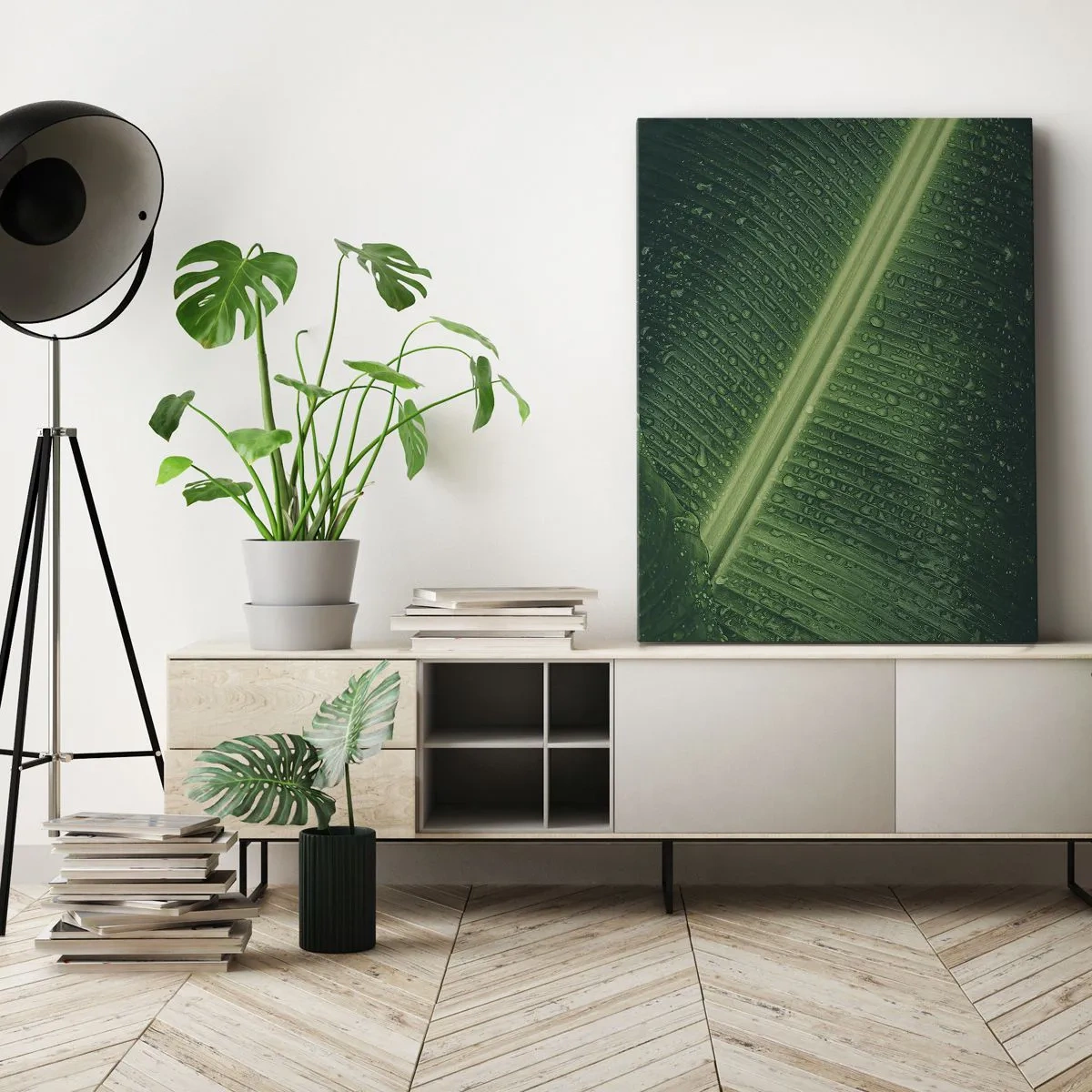 Impression sur toile - Image sur toile - Une feuille verte avec des gouttes d'eau à sa surface - 80x120cm - Structure de vert - Décoration murale moderne pour le salon et la chambre ARTTOR