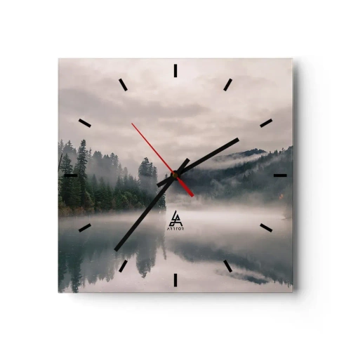 Horloge murale - Pendule murale - Une forêt brumeuse se reflétant dans un lac calme - 30x30cm - Reflet dans le brouillard - Décoration murale moderne pour le salon et la chambre ARTTOR