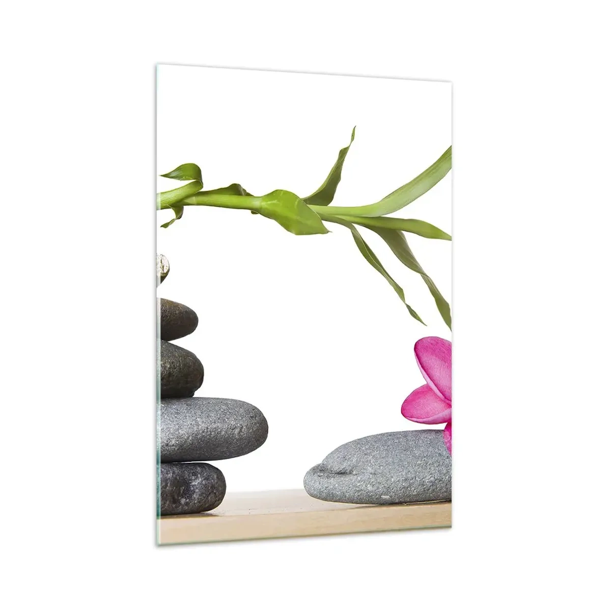 Impression sur verre - Image sur verre - Bambou et fleur rose sur pierres de style zen - 80x120cm - Couleurs de la vie et de la durée - Décoration murale moderne pour le salon et la chambre ARTTOR
