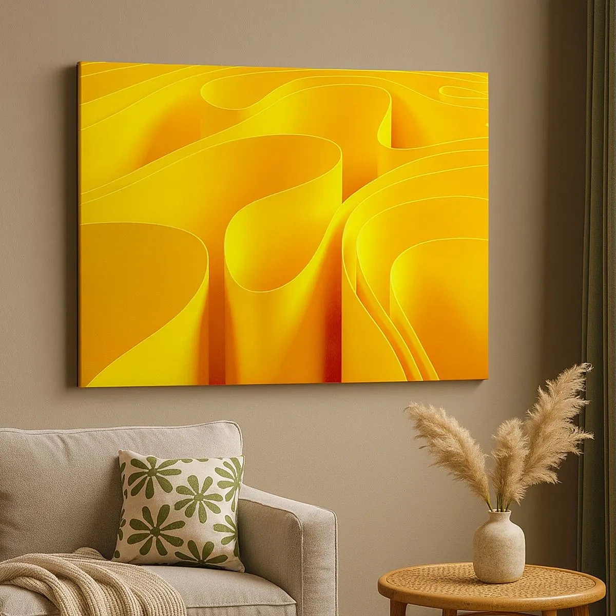 Impression sur toile - Image sur toile - Vagues abstraites jaunes ressemblant à des rayons de soleil - 70x50cm - Comme les vagues du soleil - Décoration murale moderne pour le salon et la chambre ARTTOR