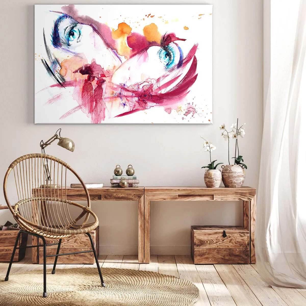 Impression sur toile - Image sur toile - Un visage abstrait avec des yeux expressifs et des accents rouges. - 100x70cm - Le monde prospère dans la proximité - Décoration murale moderne pour le salon et la chambre ARTTOR