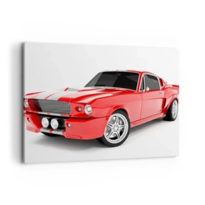 Impression sur toile - Image sur toile - Voiture de sport rouge à rayures blanches - 100x70cm - Une Mustang aussi rapide que le vent - Décoration murale moderne pour le salon et la chambre ARTTOR