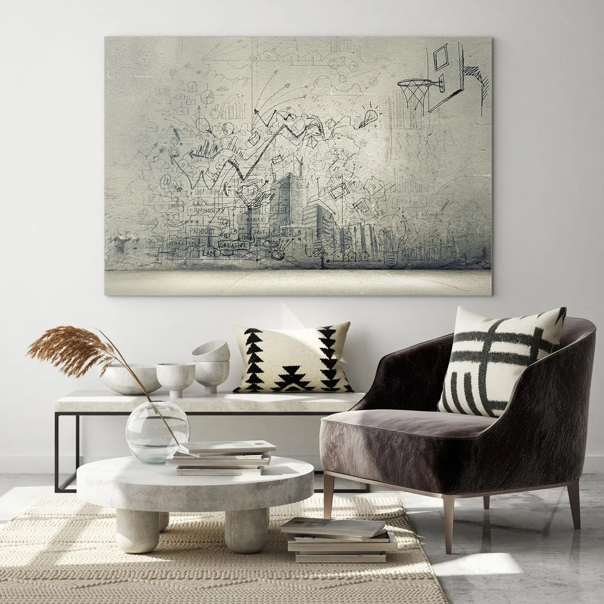 Impression sur verre - Image sur verre - Croquis graphique avec des éléments commerciaux et créatifs - 120x80cm - Ma vie fantastique en ville - Décoration murale moderne pour le salon et la chambre ARTTOR