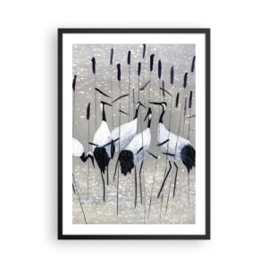Affiche dans un cadre noir - Poster - La grâce des grues dans un paysage subtil d'herbe et d'eau - 50x70cm - Parmi les siens - Décoration murale moderne pour le salon et la chambre ARTTOR
