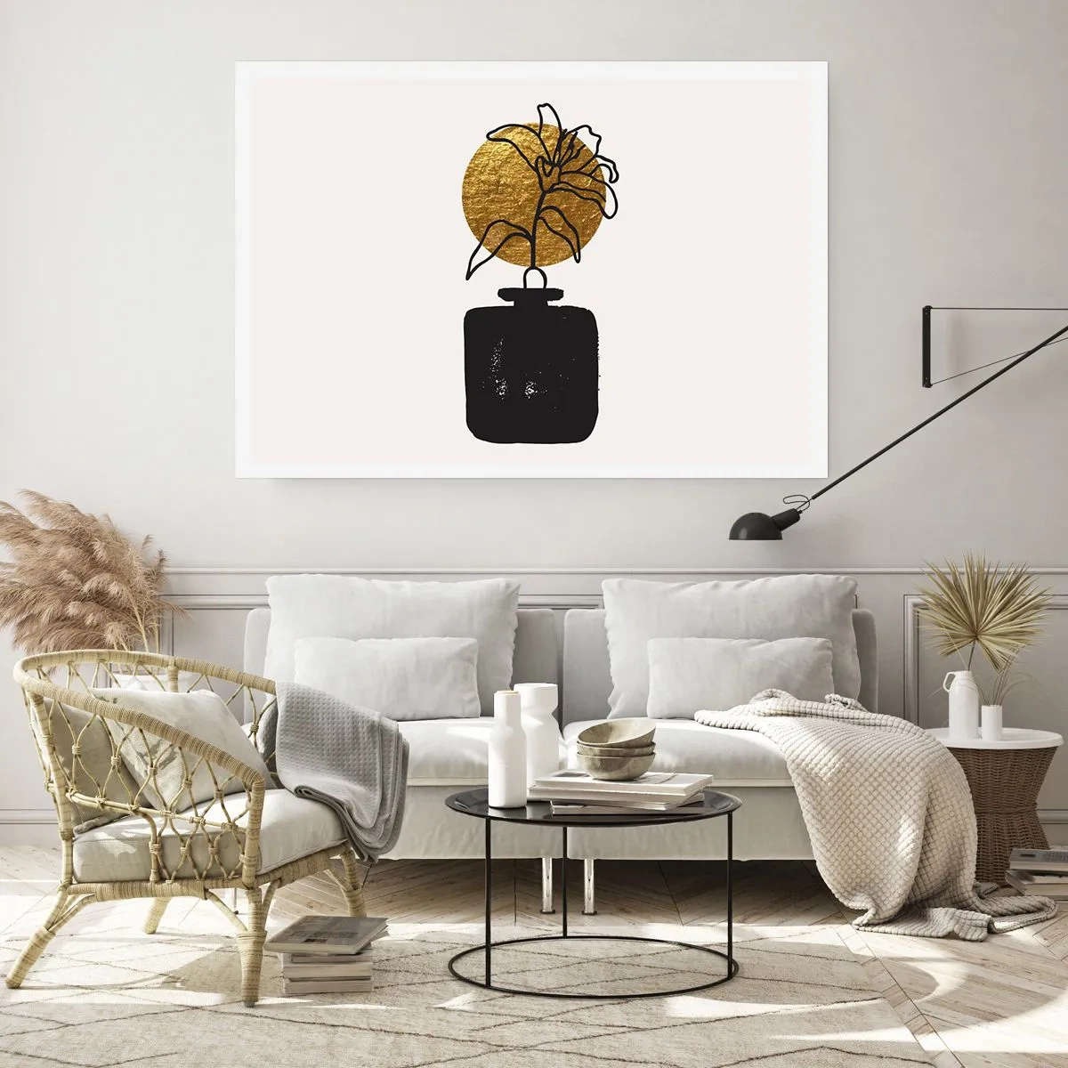 Affiche - Poster - Un dessin d'une fleur dans un vase sur un fond de cercle doré - 100x70cm - La beauté vaut son pesant d'or - Décoration murale moderne pour le salon et la chambre ARTTOR