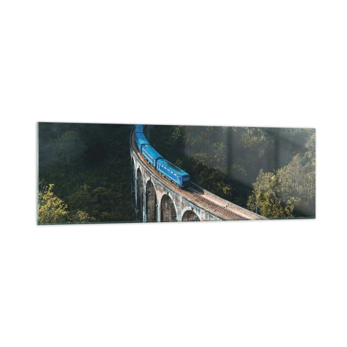 Impression sur verre - Image sur verre - Un train bleu sur un viaduc historique au milieu des forêts - 160x50cm - Train nature - Décoration murale moderne pour le salon et la chambre ARTTOR
