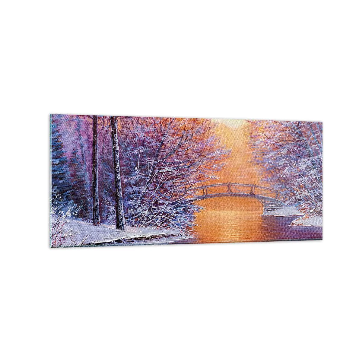 Impression sur verre - Image sur verre - Paysage d'hiver avec un pont et un coucher de soleil - 120x50cm - On se rencontre ici - Décoration murale moderne pour le salon et la chambre ARTTOR