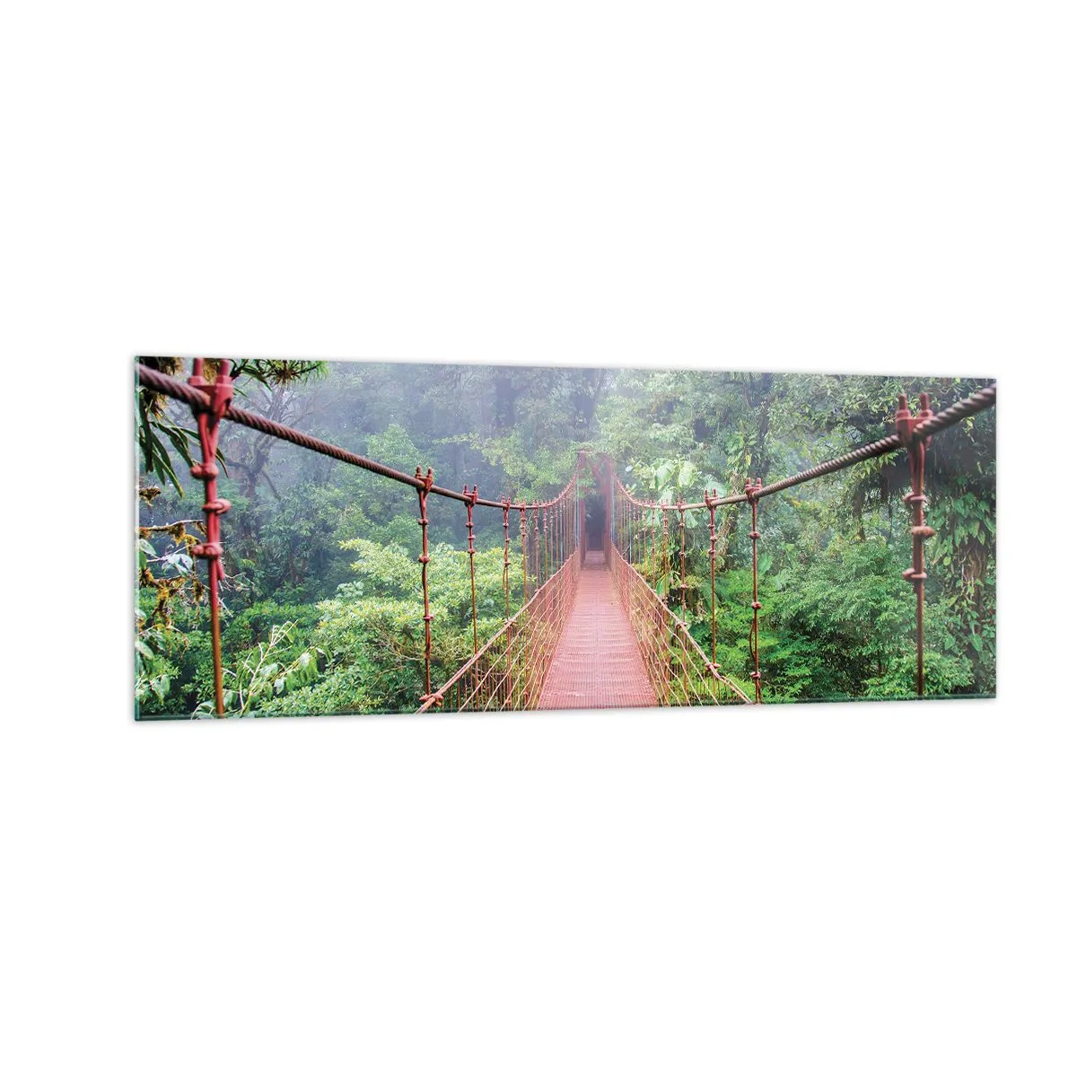 Impression sur verre - Image sur verre - Un pont suspendu dans une jungle tropicale entourée de brouillard - 140x50cm - Suspendu sur les couronnes - Décoration murale moderne pour le salon et la chambre ARTTOR