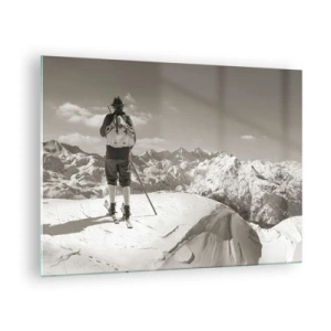 Impression sur verre - Image sur verre - Skieur sur un sommet de montagne en noir et blanc - 70x50cm - Toutes les mêmes ces montagnes - Décoration murale moderne pour le salon et la chambre ARTTOR