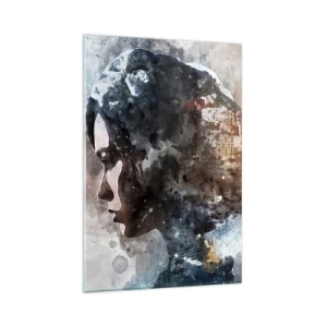 Impression sur verre - Image sur verre - Portrait d'une femme combinant son visage avec un paysage urbain en arrière-plan - 80x120cm - L'histoire d'une fille avec une ville en arrière-plan - Décoration murale moderne pour le salon et la chambre ARTTOR