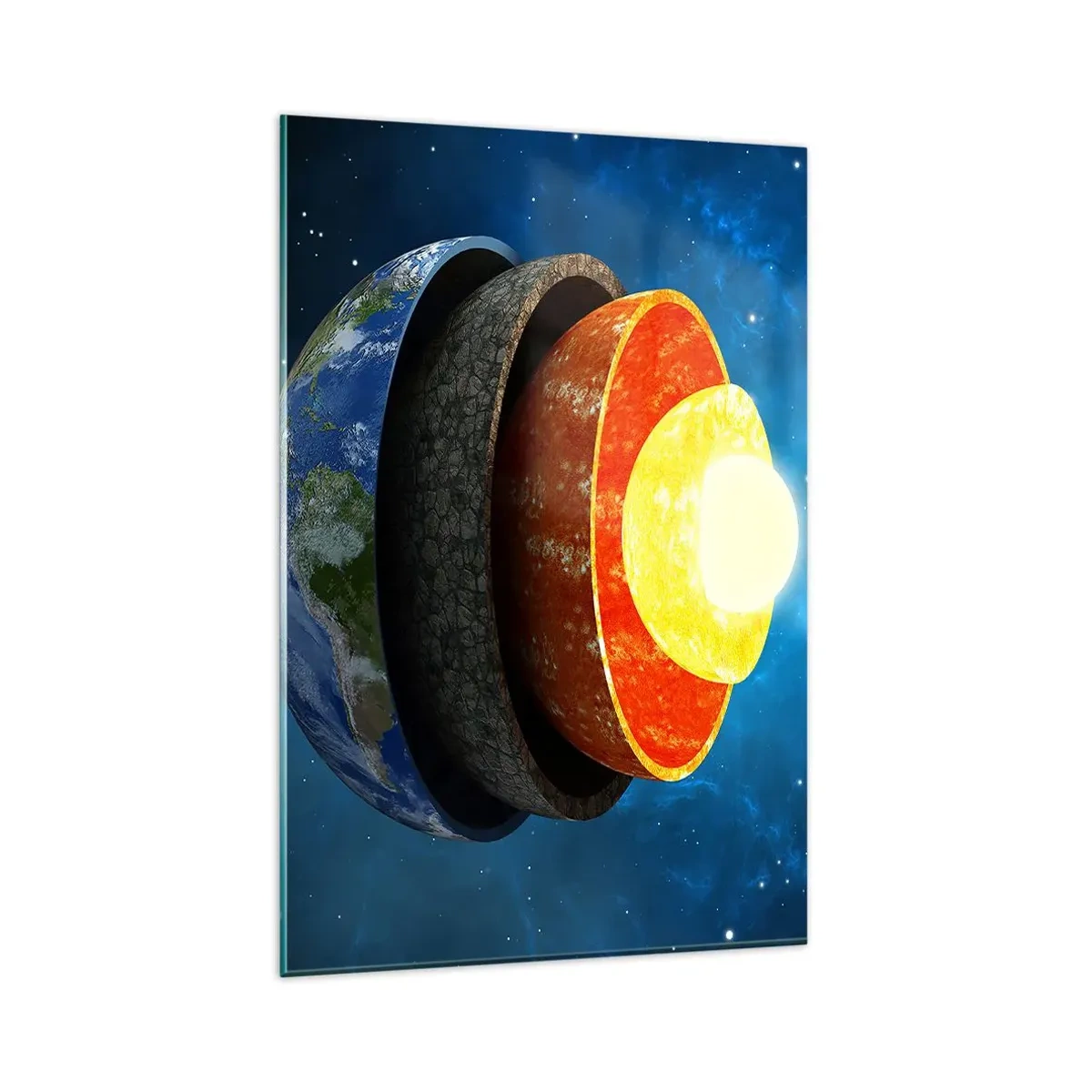 Impression sur verre - Image sur verre - Une coupe transversale de la Terre montrant ses couches dans l'espace. - 80x120cm - Voyage au centre de la terre - Décoration murale moderne pour le salon et la chambre ARTTOR