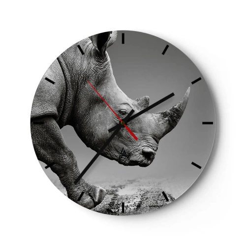 Horloge murale - Pendule murale - Un rhinocéros en noir et blanc sur fond neutre - 30x30cm - Force inarrêtable - Décoration murale moderne pour le salon, la cuisine et la chambre ARTTOR
