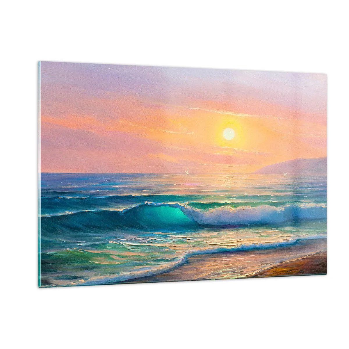 Impression sur verre - Image sur verre - Paysage marin avec des vagues et un coucher de soleil dans des tons turquoise - 120x80cm - Le chant turquoise des vagues - Décoration murale moderne pour le salon et la chambre ARTTOR