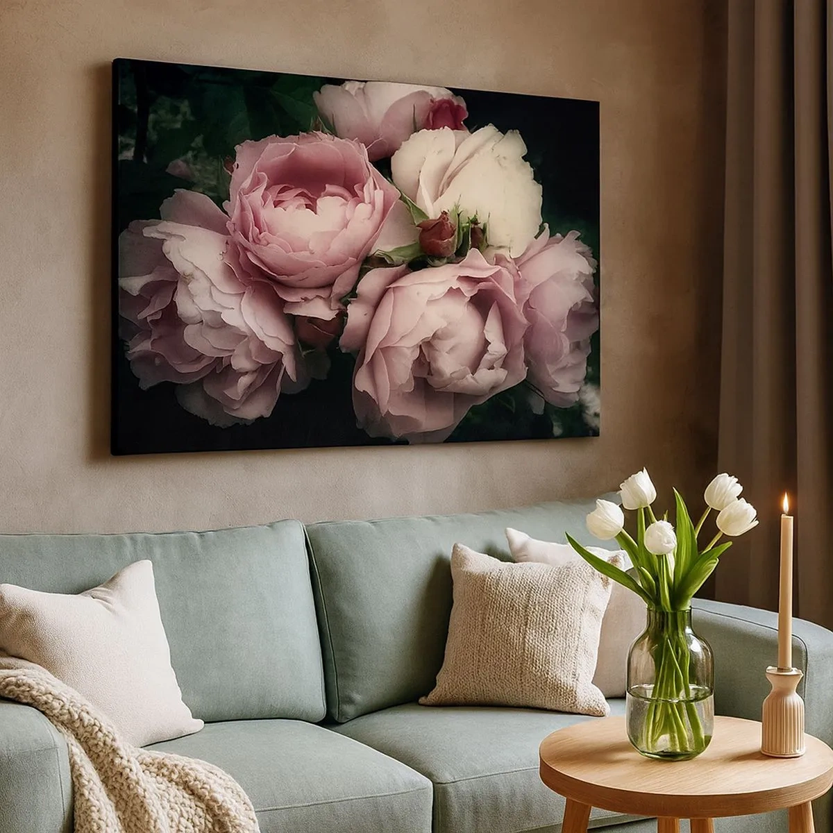 Impression sur toile - Image sur toile - Un bouquet de roses aux tons délicats de rose et de blanc - 70x50cm - Le charme de la belle époque - Décoration murale moderne pour le salon et la chambre ARTTOR
