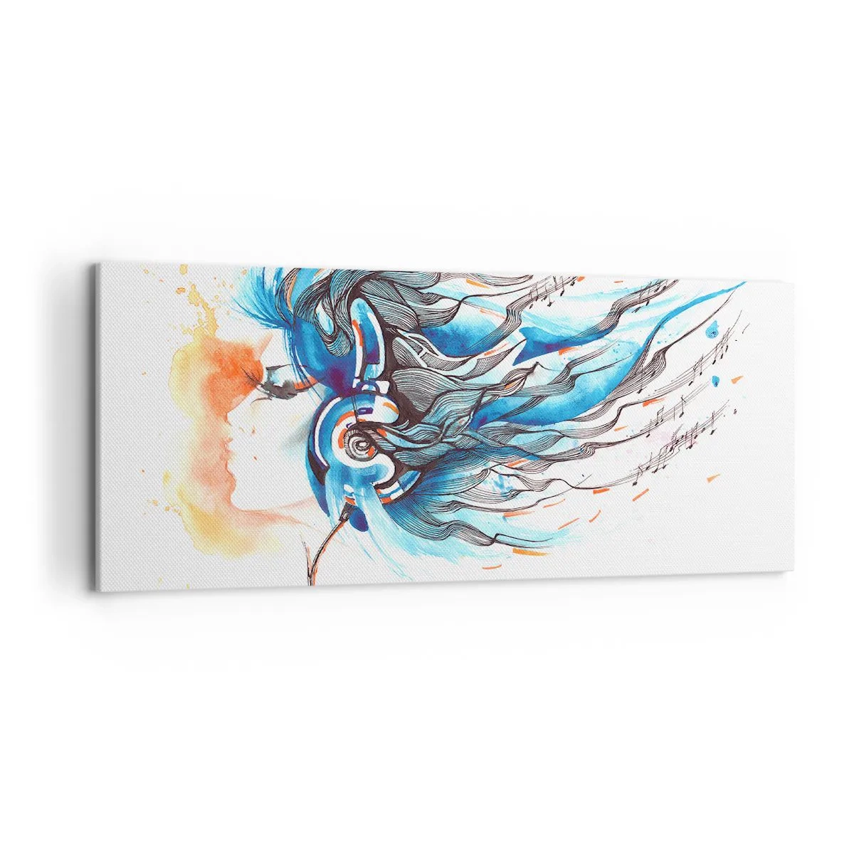 Impression sur toile - Image sur toile - Graphique artistique d'une femme portant des écouteurs avec des accents musicaux - 120x50cm - Que la musique joue - Décoration murale moderne pour le salon et la chambre ARTTOR