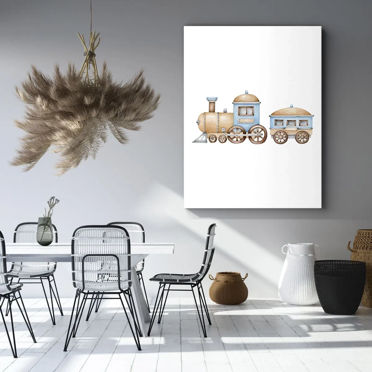 Impression sur toile - Image sur toile - Dessin d'un train aux tons pastel sur fond blanc - 50x70cm - Il est à la gare... - Décoration murale moderne pour le salon et la chambre ARTTOR