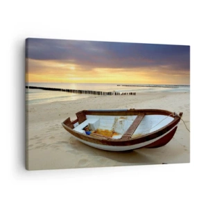 Impression sur toile - Image sur toile - Un bateau sur une plage de sable au coucher du soleil - 70x50cm - Il n'y a pas de plus belles plages - Décoration murale moderne pour le salon et la chambre ARTTOR