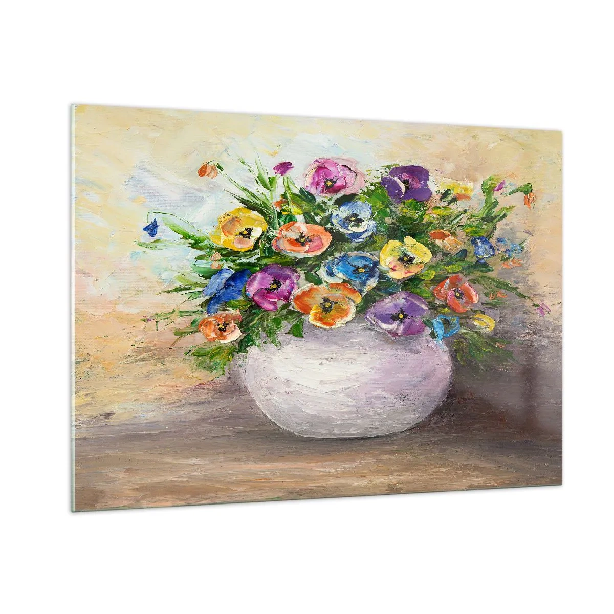 Impression sur verre - Image sur verre - Un bouquet de fleurs colorées dans un vase blanc - 100x70cm - Nature morte dans un vase blanc - Décoration murale moderne pour le salon et la chambre ARTTOR