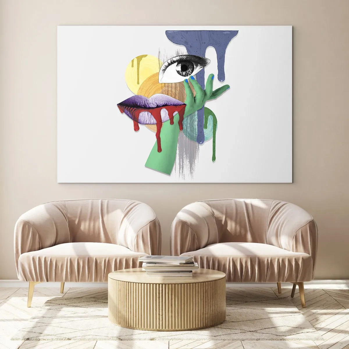 Impression sur verre - Image sur verre - Composition abstraite avec œil, bouche et couleurs - 120x80cm - Un portrait déconstruit - Décoration murale moderne pour le salon et la chambre ARTTOR