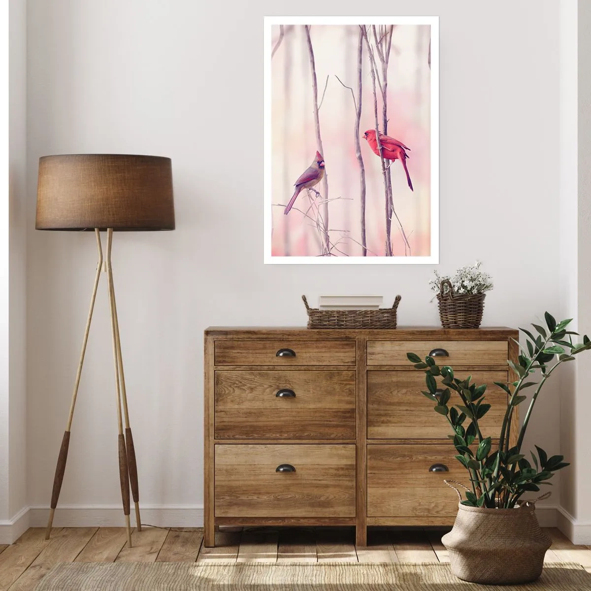 Affiche - Poster - Une paire de cardinaux sur un fond de branches délicates - 50x70cm - Conte de la forêt rose - Décoration murale moderne pour le salon et la chambre ARTTOR