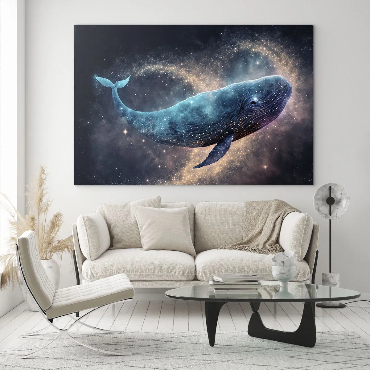 Impression sur verre - Image sur verre - Baleine bleue flottant dans la galaxie - 70x50cm - Un tel monde existe… - Décoration murale moderne pour le salon et la chambre ARTTOR