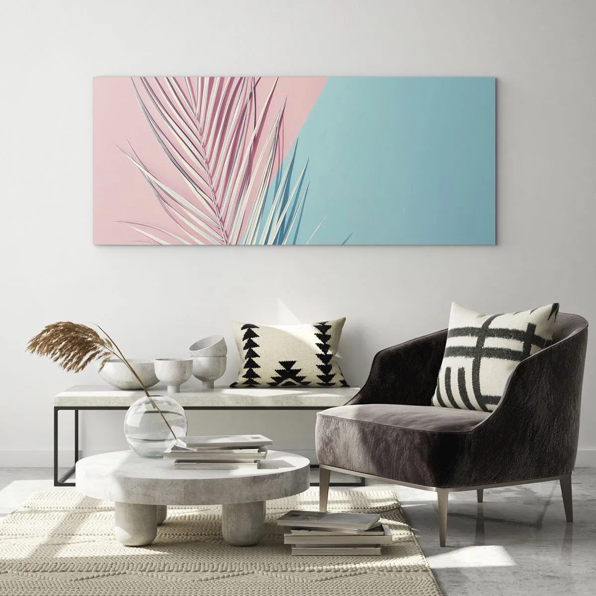 Impression sur verre - Image sur verre - Feuille tropicale sur un fond de tons pastel de rose et de bleu - 120x50cm - Impression tropicale - Décoration murale moderne pour le salon et la chambre ARTTOR