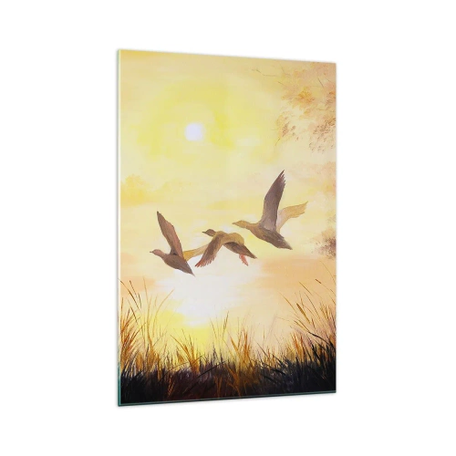 Impression sur verre - Image sur verre - Canards volant au lever du soleil au-dessus du lac - 70x100cm - Le début d'un long voyage - Décoration murale moderne pour le salon et la chambre ARTTOR