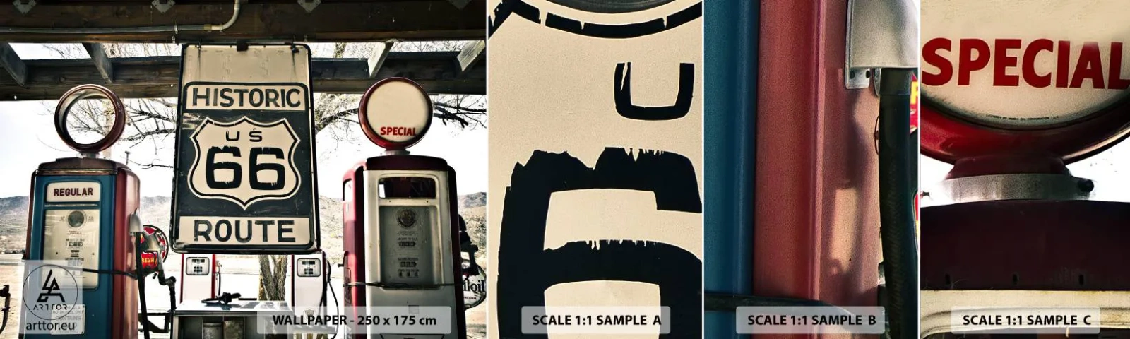 Échantillon de Papier Peint Autocollant Deluxe Sticker - Voyage rétro américain - Ancien, Route 66, Route 66 - 100x30 cm