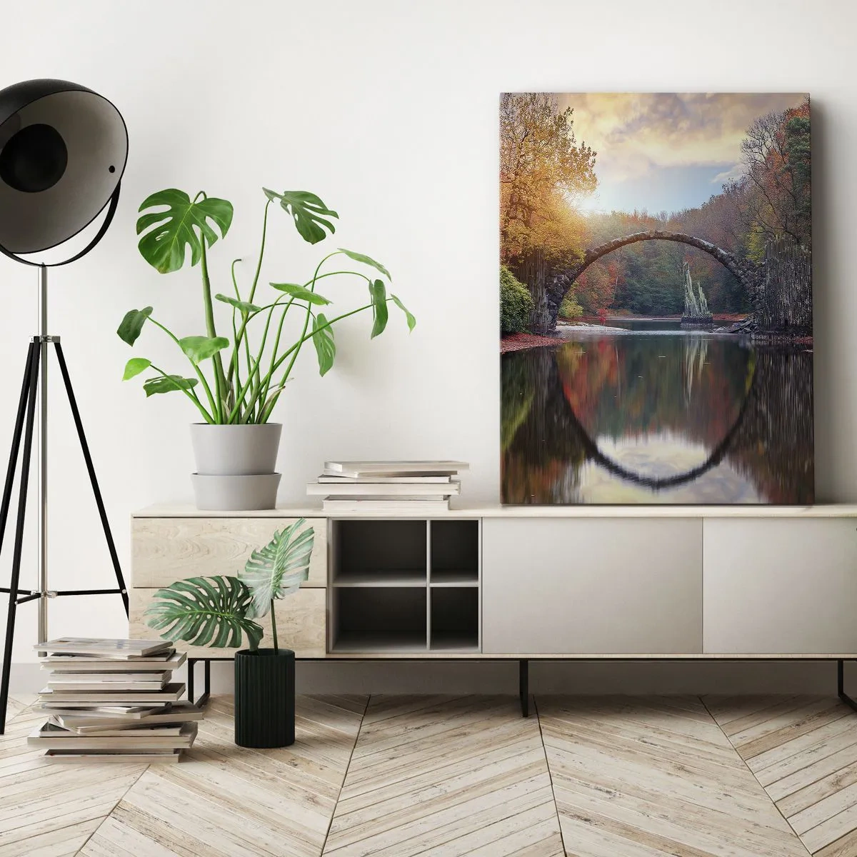 Impression sur toile - Image sur toile - Un pont de pierre dans un paysage d'automne sur une eau calme - 80x120cm - De l'autre cote du miroir - Décoration murale moderne pour le salon et la chambre ARTTOR