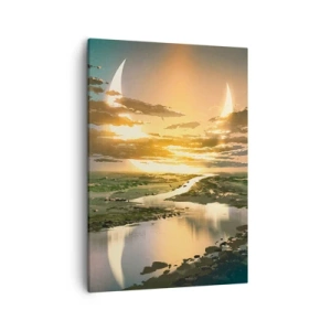 Impression sur toile - Image sur toile - Un paysage fantastique avec deux lunes à l'horizon - 50x70cm - Quelque part dans une galaxie lointaine, très lointaine - Décoration murale moderne pour le salon et la chambre ARTTOR