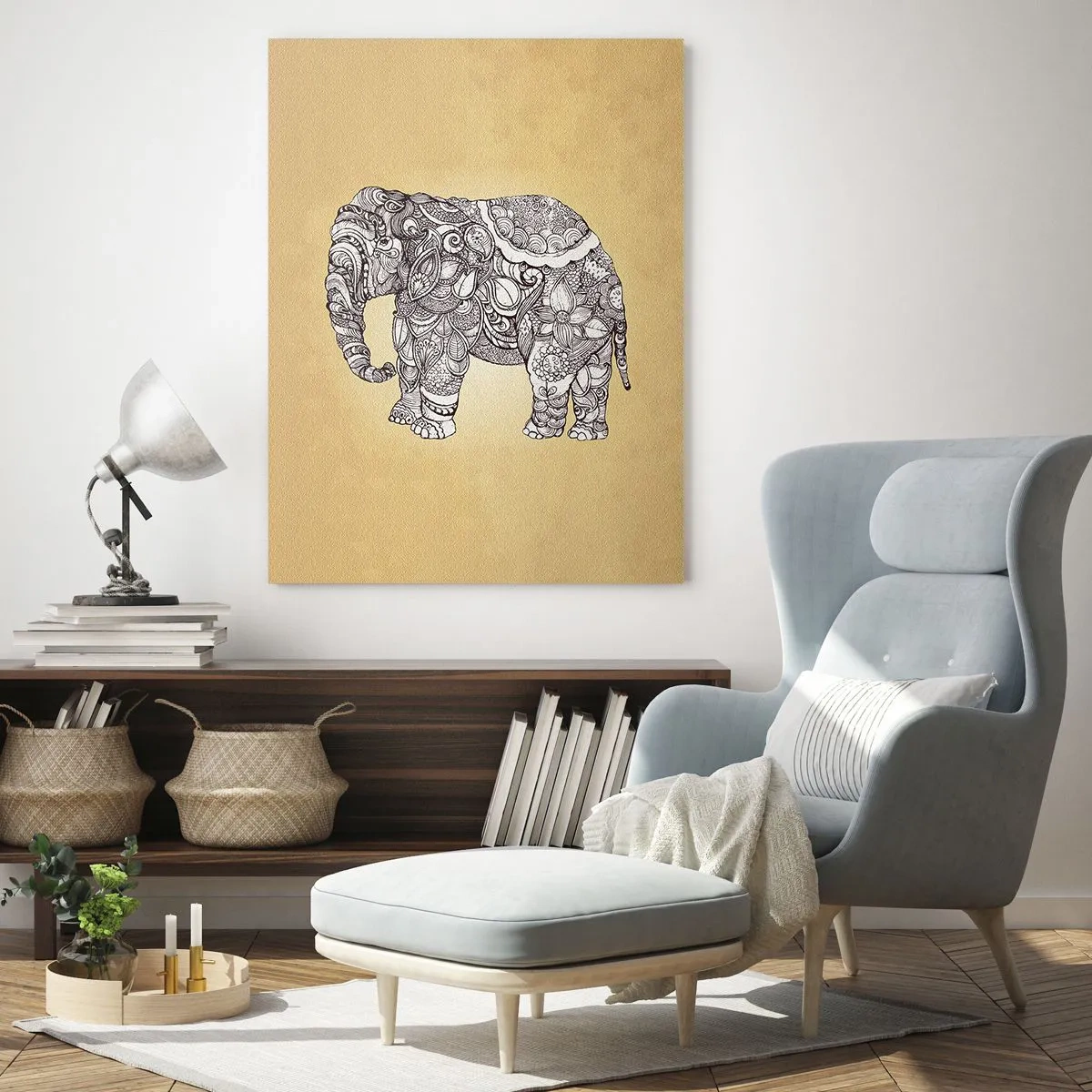 Impression sur verre - Image sur verre - Éléphant dessiné à la main avec un motif orné sur un fond beige - 70x100cm - L'éléphant s'est apprêté - Décoration murale moderne pour le salon et la chambre ARTTOR
