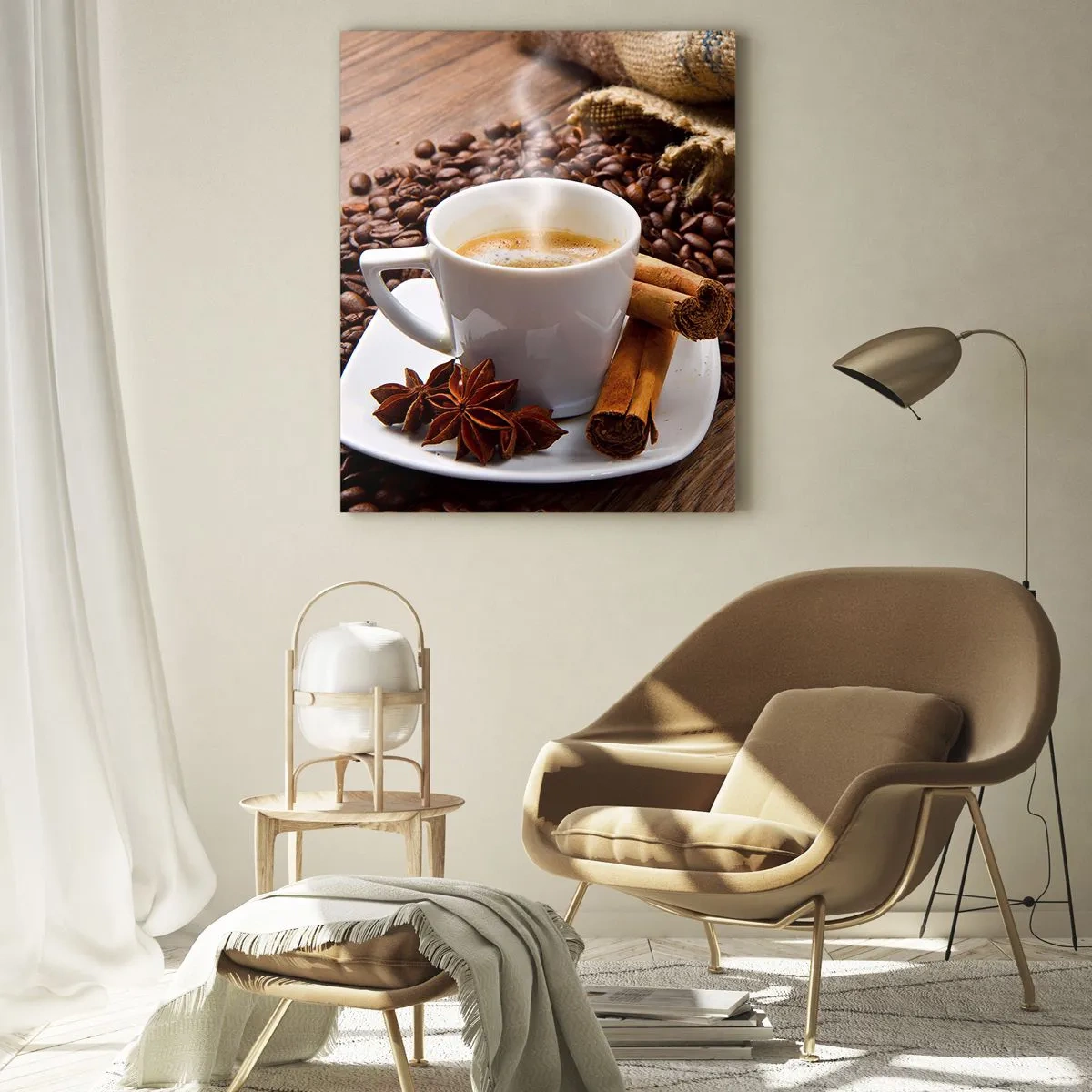 Impression sur verre - Image sur verre - Une tasse de café avec de la cannelle et des grains de café sur une table en bois - 50x70cm - Saveur et arôme épicés - Décoration murale moderne pour le salon et la chambre ARTTOR