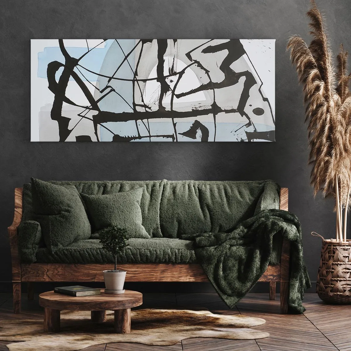 Impression sur toile - Image sur toile - Lignes et formes abstraites en bleu et noir - 160x50cm - Bleu malgré tout - Décoration murale moderne pour le salon et la chambre ARTTOR