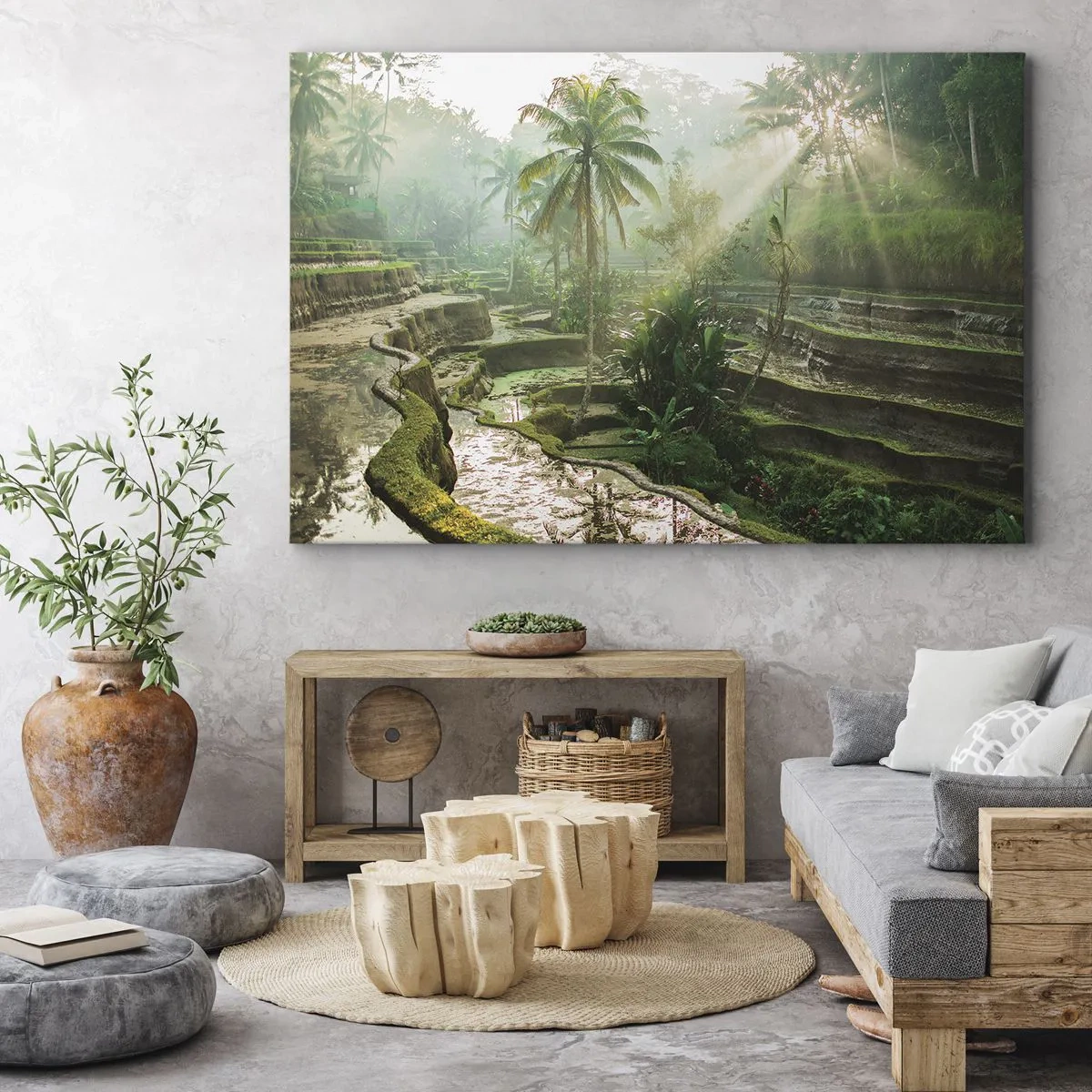 Impression sur toile - Image sur toile - Rizières en terrasses avec palmiers sous les rayons du soleil - 100x70cm - Grandir au soleil - Décoration murale moderne pour le salon et la chambre ARTTOR