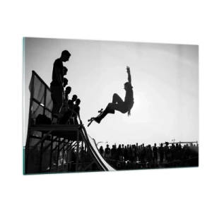 Impression sur verre - Image sur verre - Patineur noir et blanc dans les airs - 120x80cm - Héros et spectateurs - Décoration murale moderne pour le salon et la chambre ARTTOR