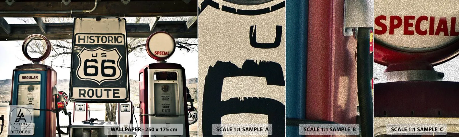 Échantillon de Papier Peint Premium Sand - Voyage rétro américain - Ancien, Route 66, Route 66 - 100x30 cm