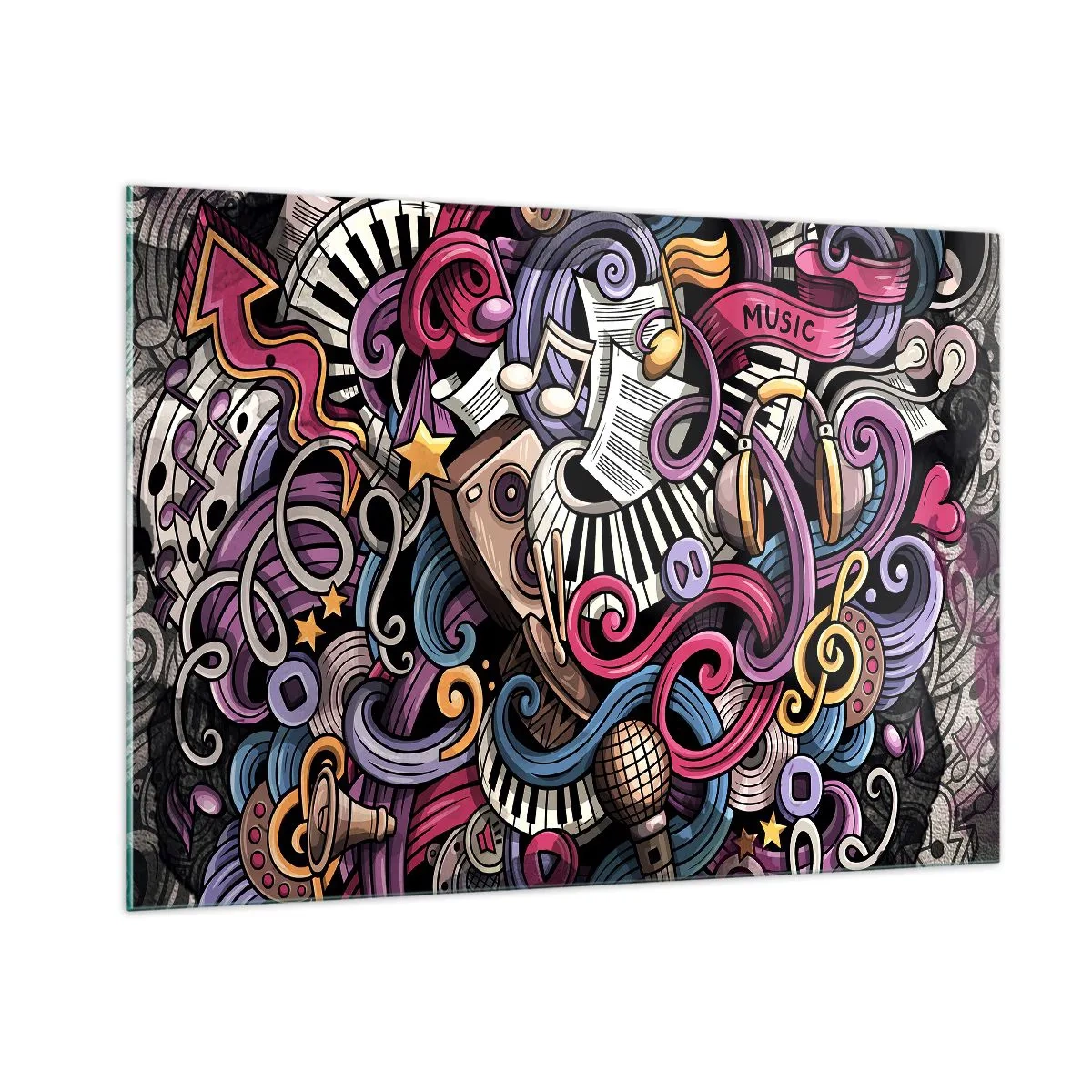 Impression sur verre - Image sur verre - Thèmes musicaux colorés avec notes et instruments - 100x70cm - Mélodie compliquée - Décoration murale moderne pour le salon et la chambre ARTTOR