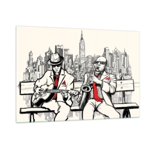 Impression sur verre - Image sur verre - Deux musiciens de jazz jouant avec en toile de fond la silhouette de la ville - 120x80cm - improvisation new-yorkaise - Décoration murale moderne pour le salon et la chambre ARTTOR