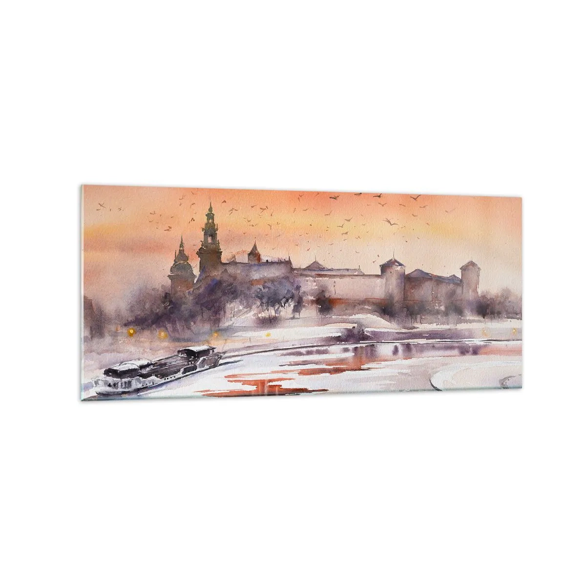 Impression sur verre - Image sur verre - Coucher de soleil sur le château dans un paysage hivernal - 120x50cm - Coucher de soleil royal - Décoration murale moderne pour le salon et la chambre ARTTOR