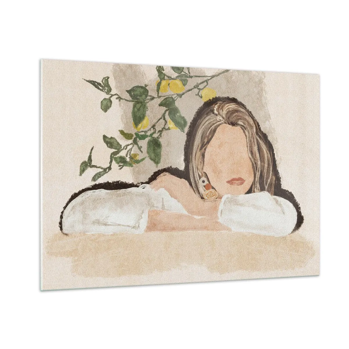 Impression sur verre - Image sur verre - Une femme appuyée sur une table parmi les branches d'un citronnier, le visage sans traits. - 100x70cm - La beauté du sud - Décoration murale moderne pour le salon et la chambre ARTTOR