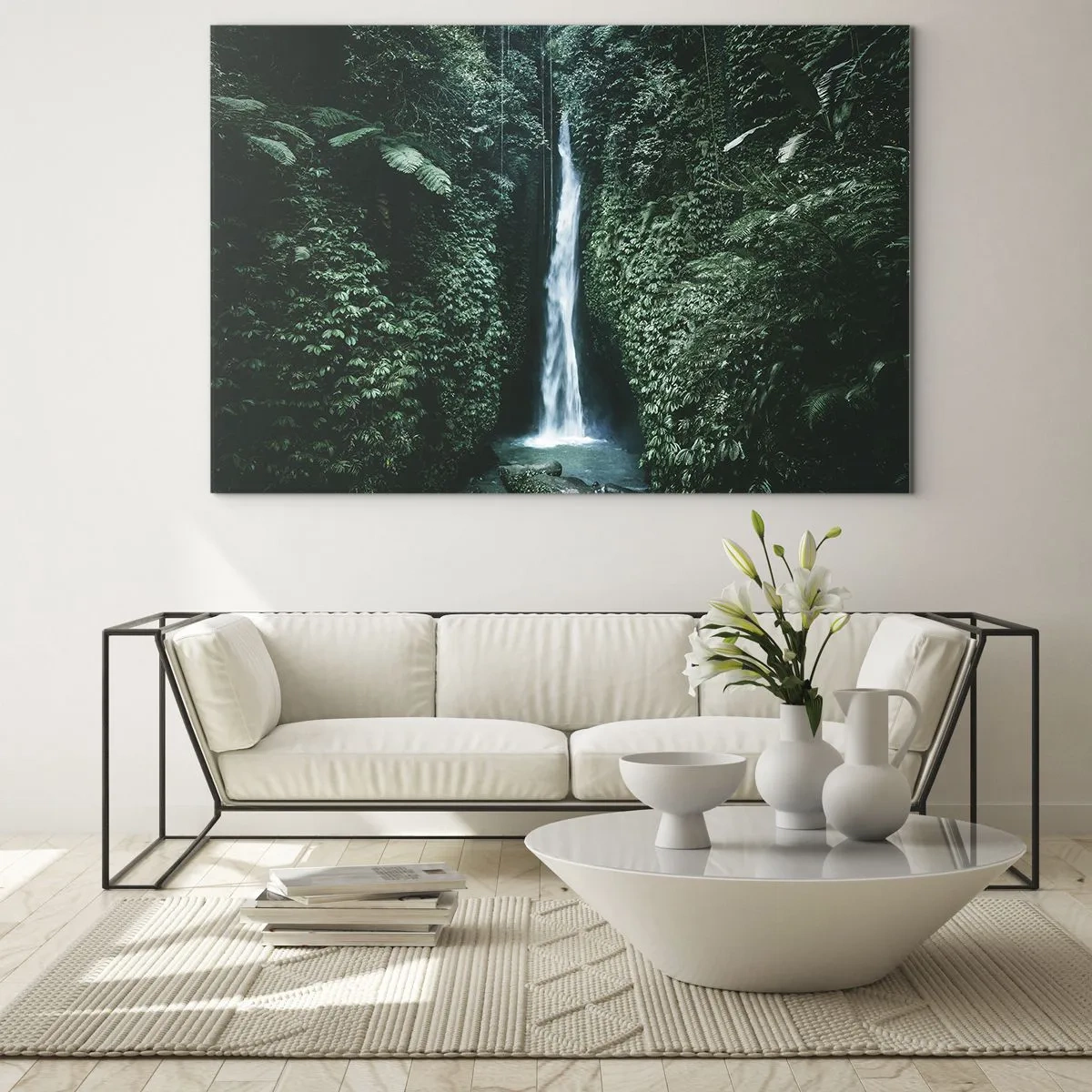 Impression sur verre - Image sur verre - Une cascade au milieu d'une végétation tropicale dense - 70x50cm - Fontaine tropicale - Décoration murale moderne pour le salon et la chambre ARTTOR