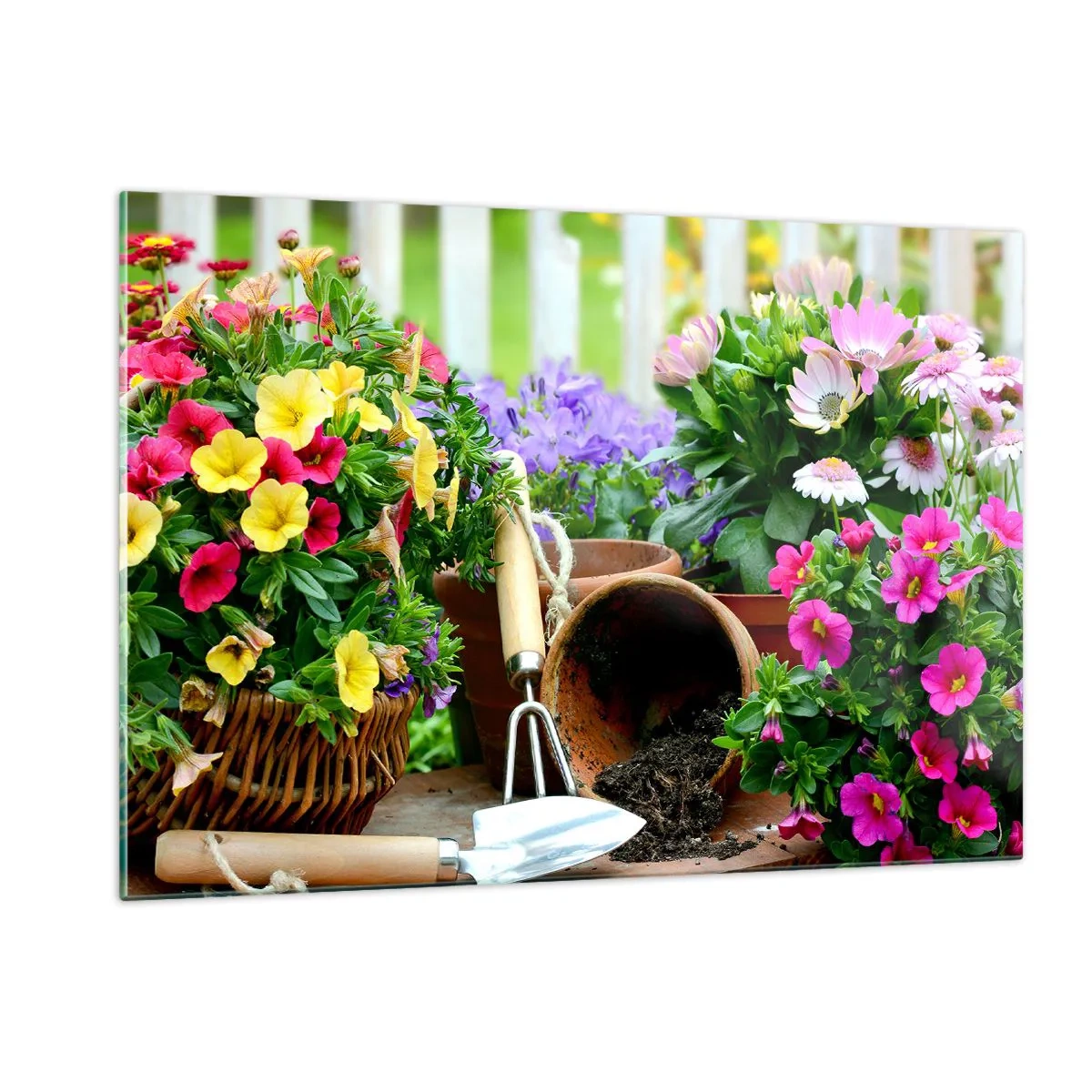 Impression sur verre - Image sur verre - Fleurs colorées dans des pots avec des outils de jardinage - 120x80cm - Le jardin de Zosia - Décoration murale moderne pour le salon et la chambre ARTTOR