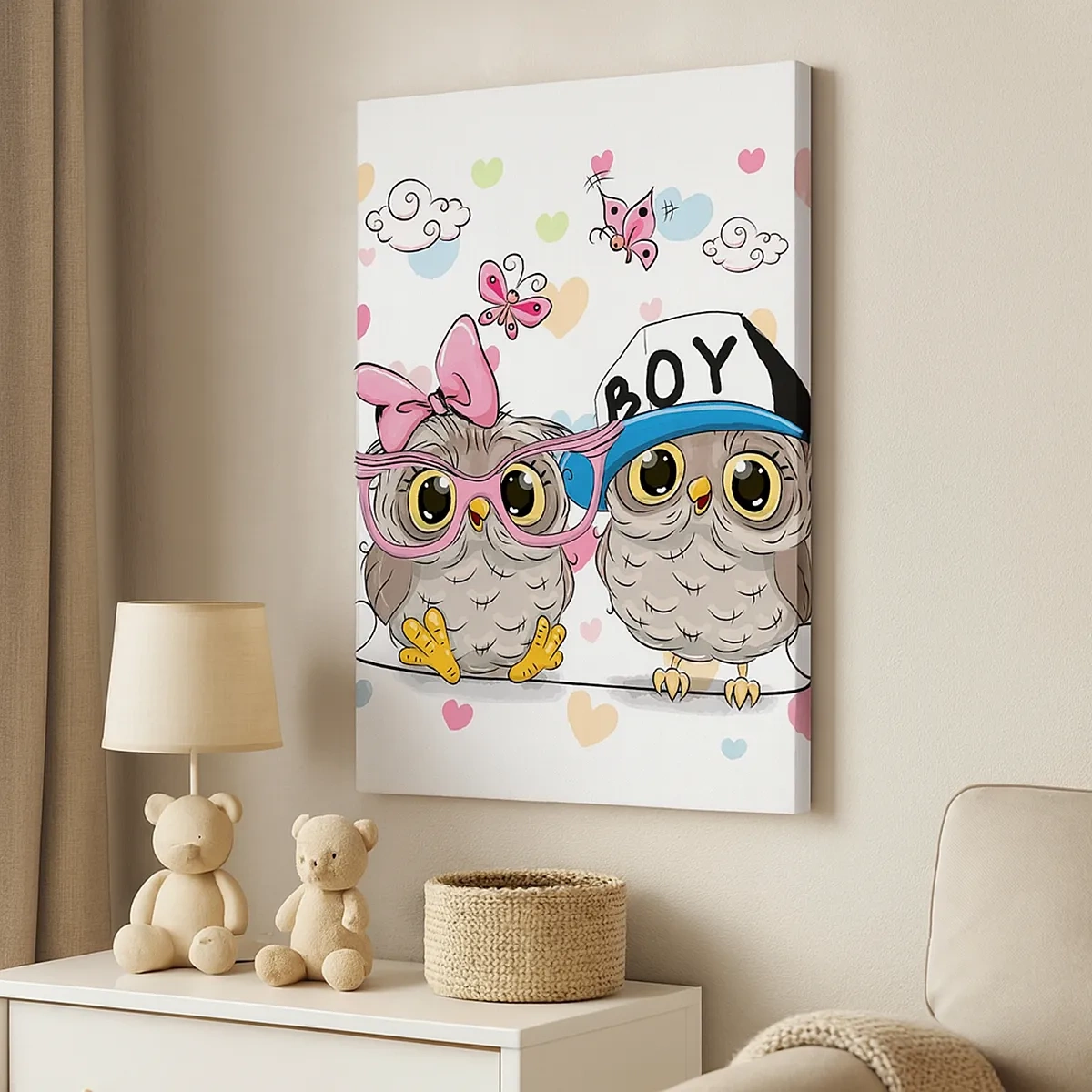 Impression sur toile - Image sur toile - Deux adorables hiboux entourés de cœurs - 50x70cm - On s'aime! - Décoration murale moderne pour le salon et la chambre ARTTOR