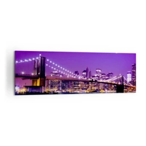 Impression sur toile - Image sur toile - Pont de Brooklyn la nuit avec la ville illuminée et la pleine lune - 160x50cm - Lumières de grande ville en violet - Décoration murale moderne pour le salon et la chambre ARTTOR